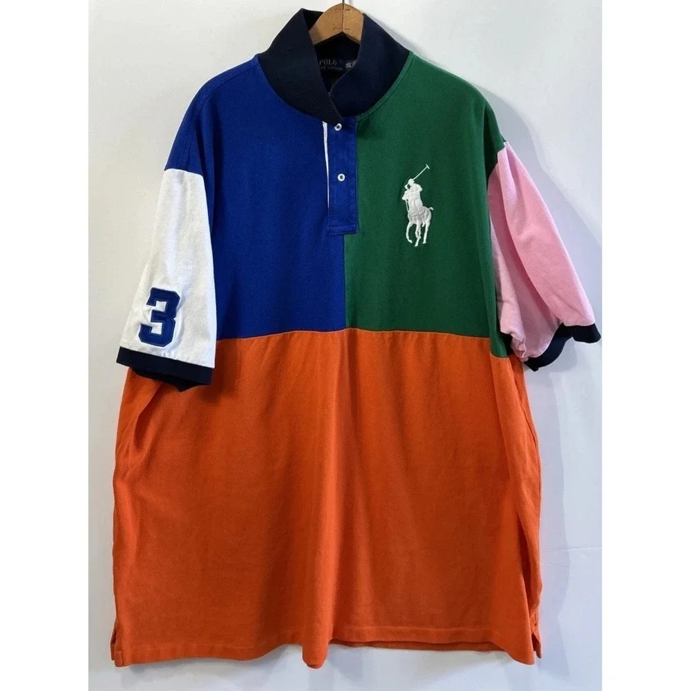 Ralph Lauren Polo Shirt Mens Blue Multicolor Color Blocked Big Pony #3 Sz 4XLT